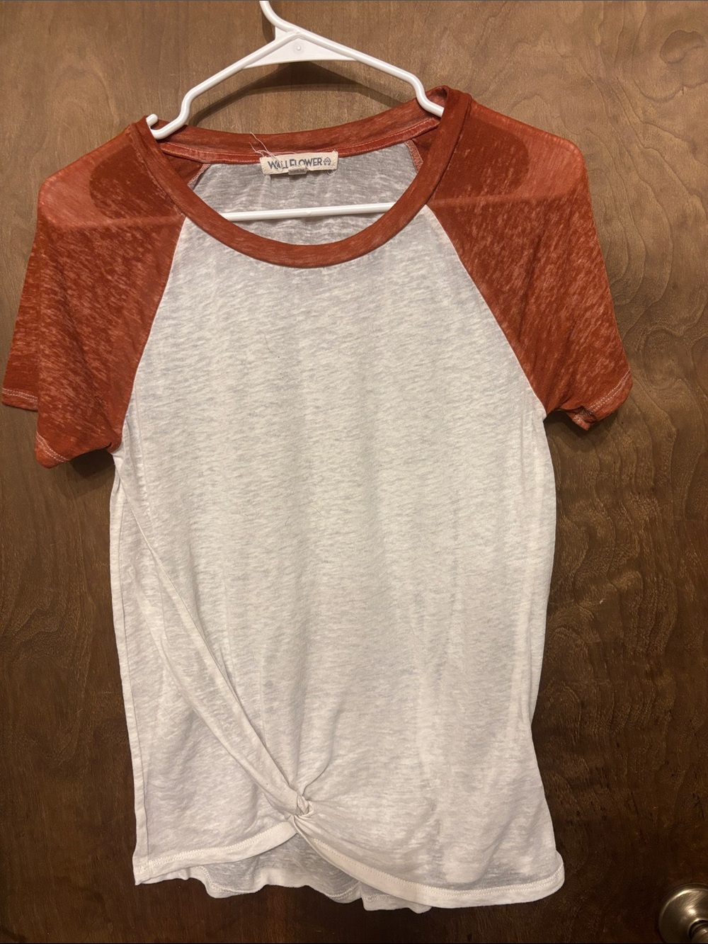 Wildflowers White Tee with Rust Raglan Sleeves and Front Knot